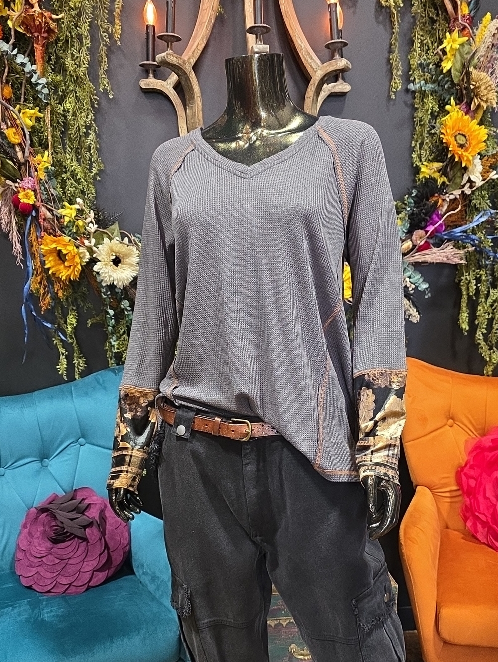 Mystree Slate Gray Waffle Knit V-Neck Top with Velvet Cuffs